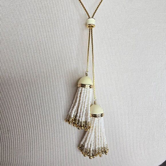 Talbots Double Adjustable Slider Tassle Chain Pendant Necklace Gold White Cream - Picture 3 of 7